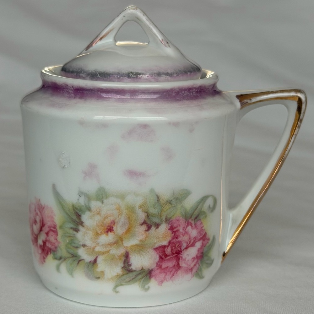 Antique Porcelain Floral Pink Rose Mini Sugar Jar Tea & Coffee Retro Home Decor